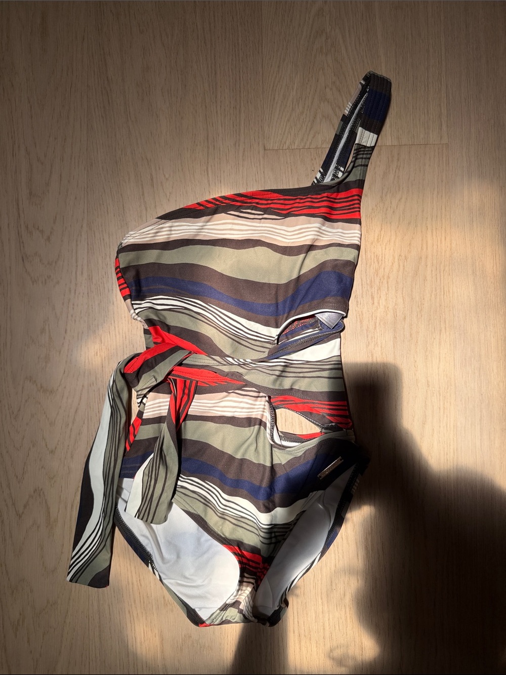 Vince Camuto One-Shoulder Striped One-Piece Swimsuit in Olive, Navy & Red